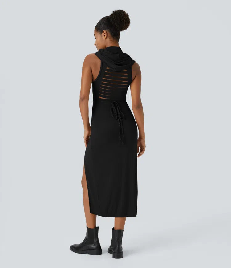 ColaZebra™ - Abito casual midi con Capuccio, Senza maniche e schiena a Zebra