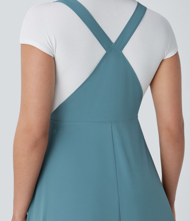 Classico™ - Abito midi casual e fluido con tasche multiple, spalline regolabili e bottoni